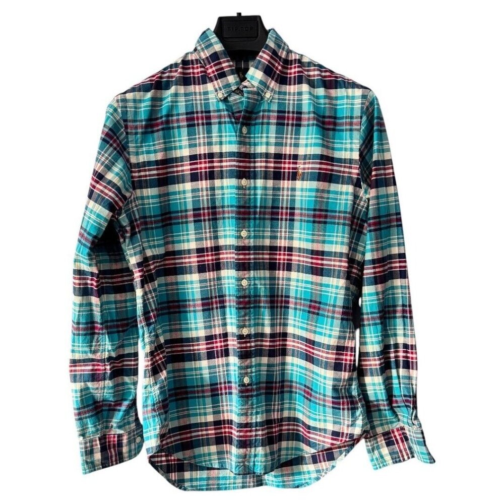 Ralph Lauren Shirt Medium‎ Mens Stretch Oxford Blue Plaid Long Sleeve slim fit